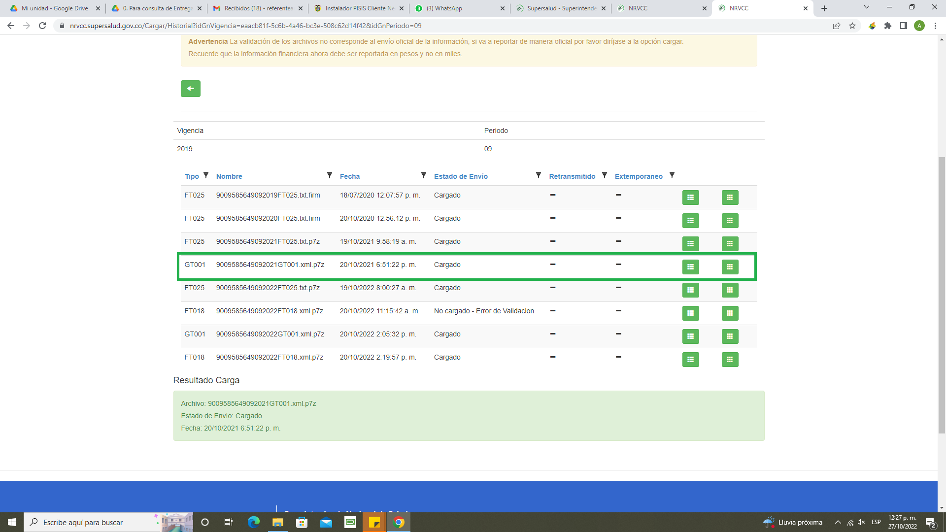 Imagen cargue de archivos al Sistema de recepción y validación de archivos RVCC - 2021