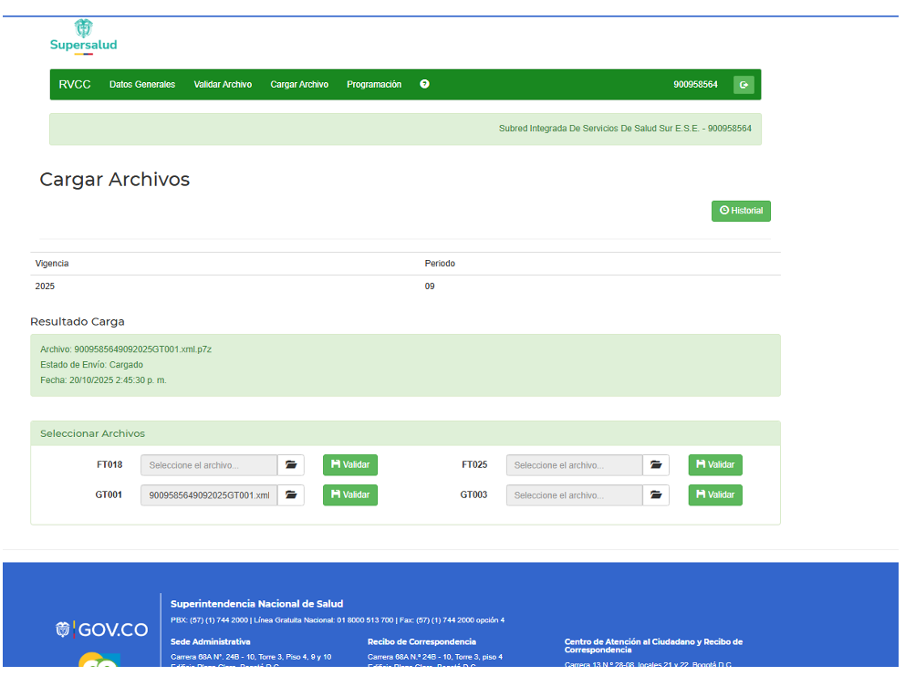 Pantallazo cargue supersalud - 17 Octubre 2025
